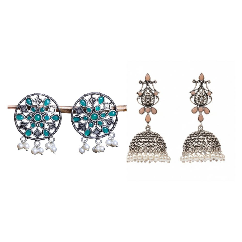 Kalash Kamal Jhumka earring (Light Orange)&Glass drops Dangler Earrings (Green) Combo set