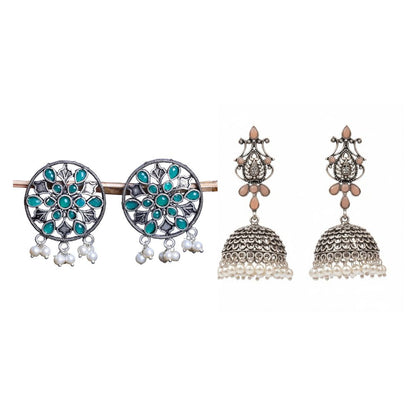 Kalash Kamal Jhumka earring (Light Orange)&Glass drops Dangler Earrings (Green) Combo set
