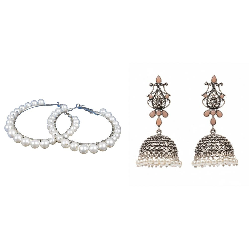 Kalash Kamal Jhumka earring (Light Orange)&Pearl Prestige hoop earrings (White) Combo set