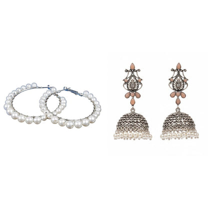 Kalash Kamal Jhumka earring (Light Orange)&Pearl Prestige hoop earrings (White) Combo set