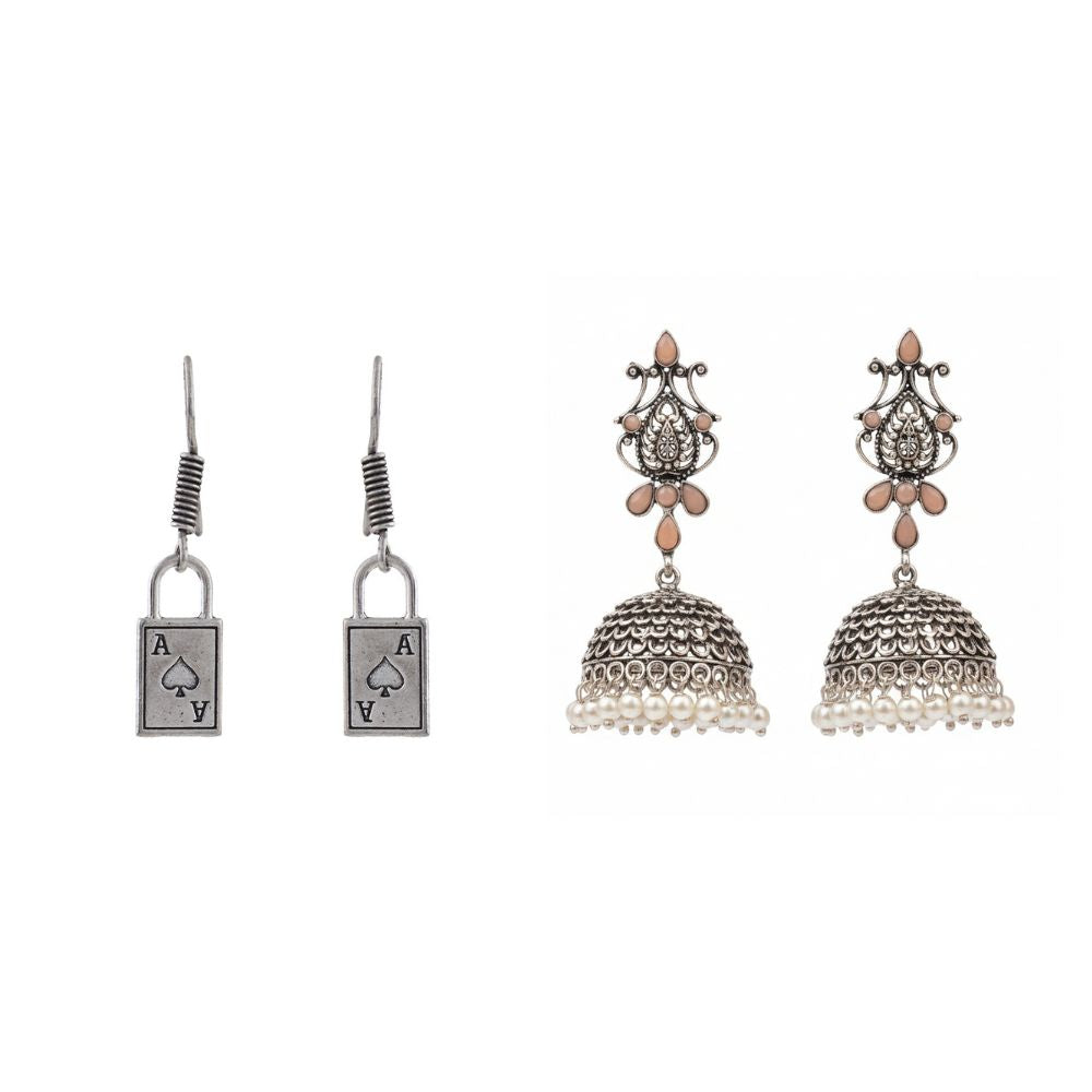 Kalash Kamal Jhumka earring (Light Orange)&The Vault dangler earrings (Silver) Combo set