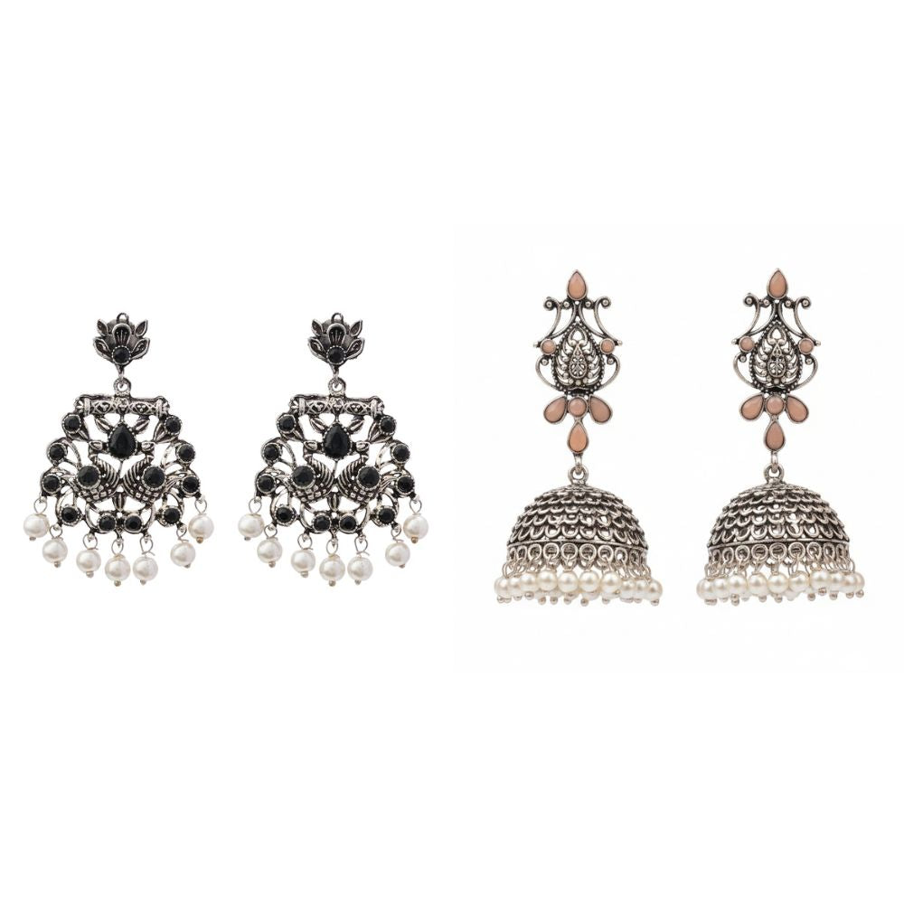 Kalash Kamal Jhumka earring (Light Orange)&Peacock glow stone studded dangler earrings (Black) Combo set