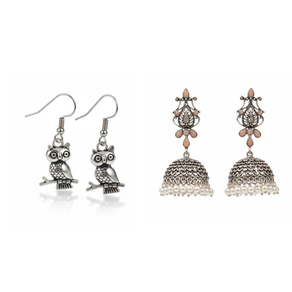 Kalash Kamal Jhumka earring (Light Orange)&Wise Wink dangler earrings (Silver) Combo set