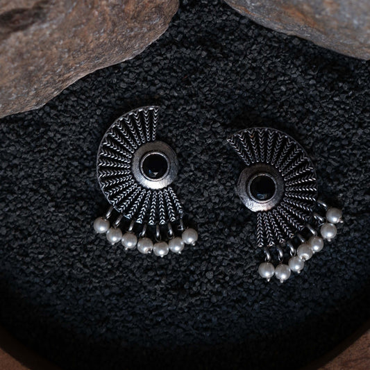 Black Stone Studded Oxidised Earrings With Hanging Pearls