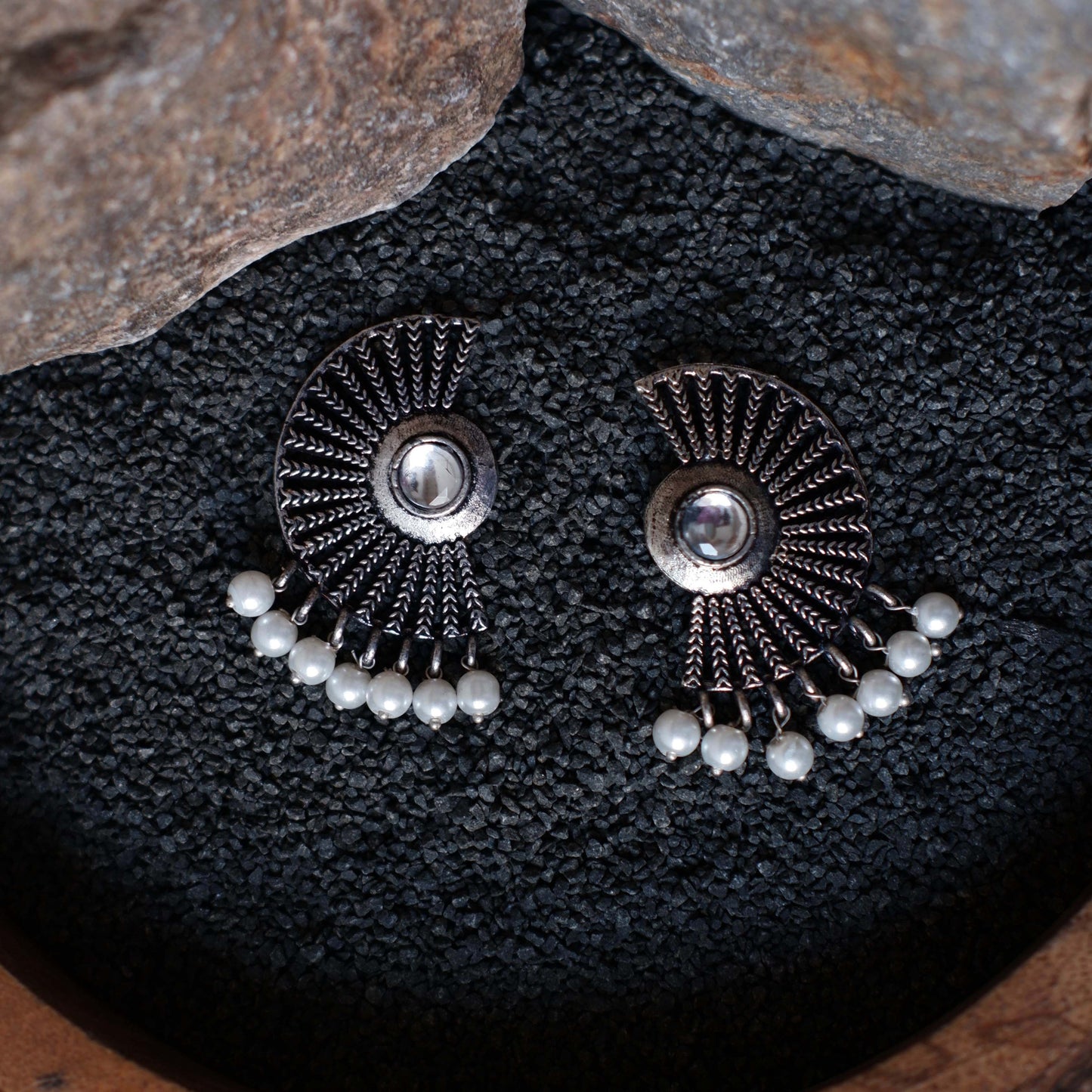 White Stone Studded Oxidised Earrings With Hanging Pearls