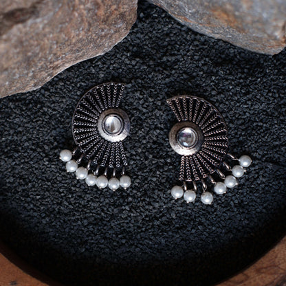 White Stone Studded Oxidised Earrings With Hanging Pearls