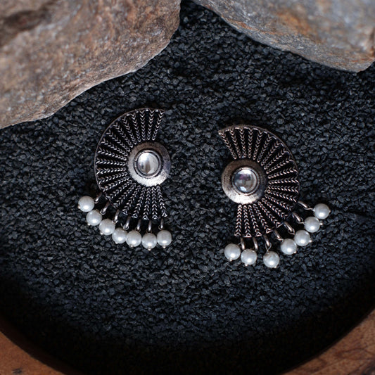 White Stone Studded Oxidised Earrings With Hanging Pearls