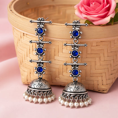 Charmbell Triple Bell Layered Jhumka Earring (Blue)