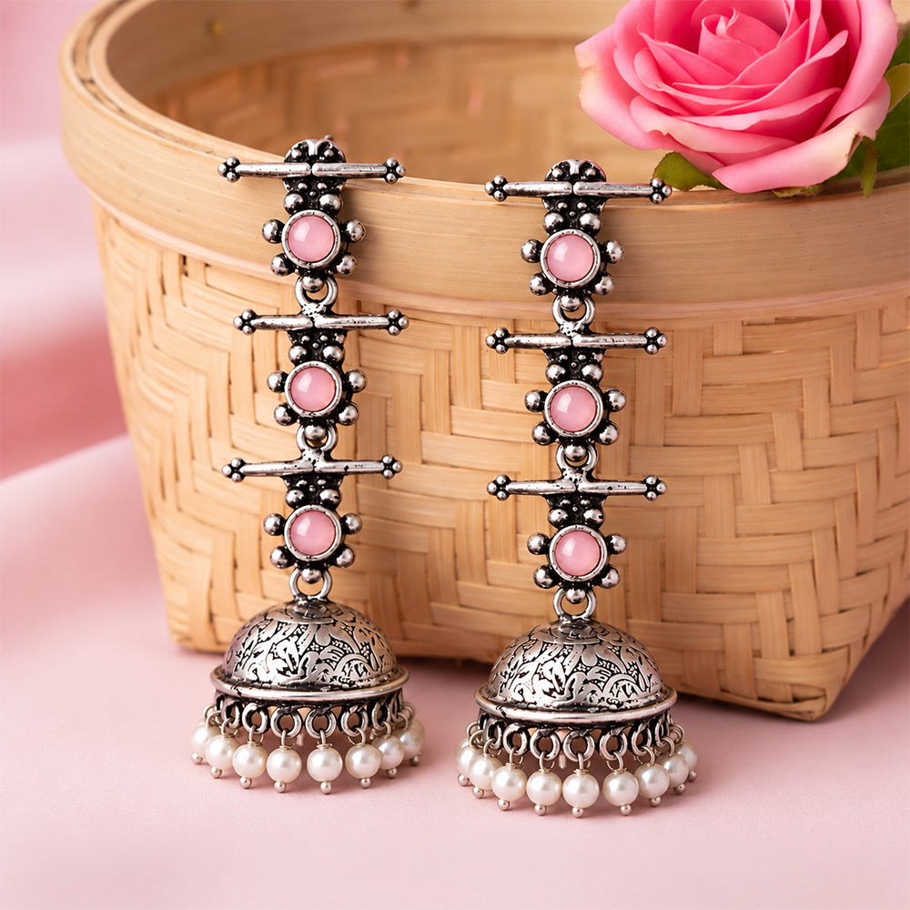 Charmbell Triple Bell Layered Jhumka Earring (Baby Pink)