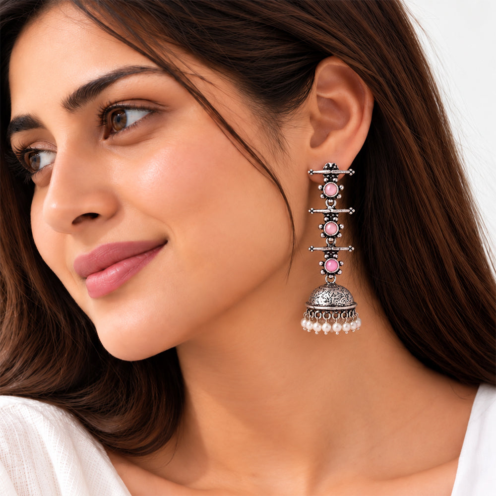 Charmbell Triple Bell Layered Jhumka Earring (Baby Pink)