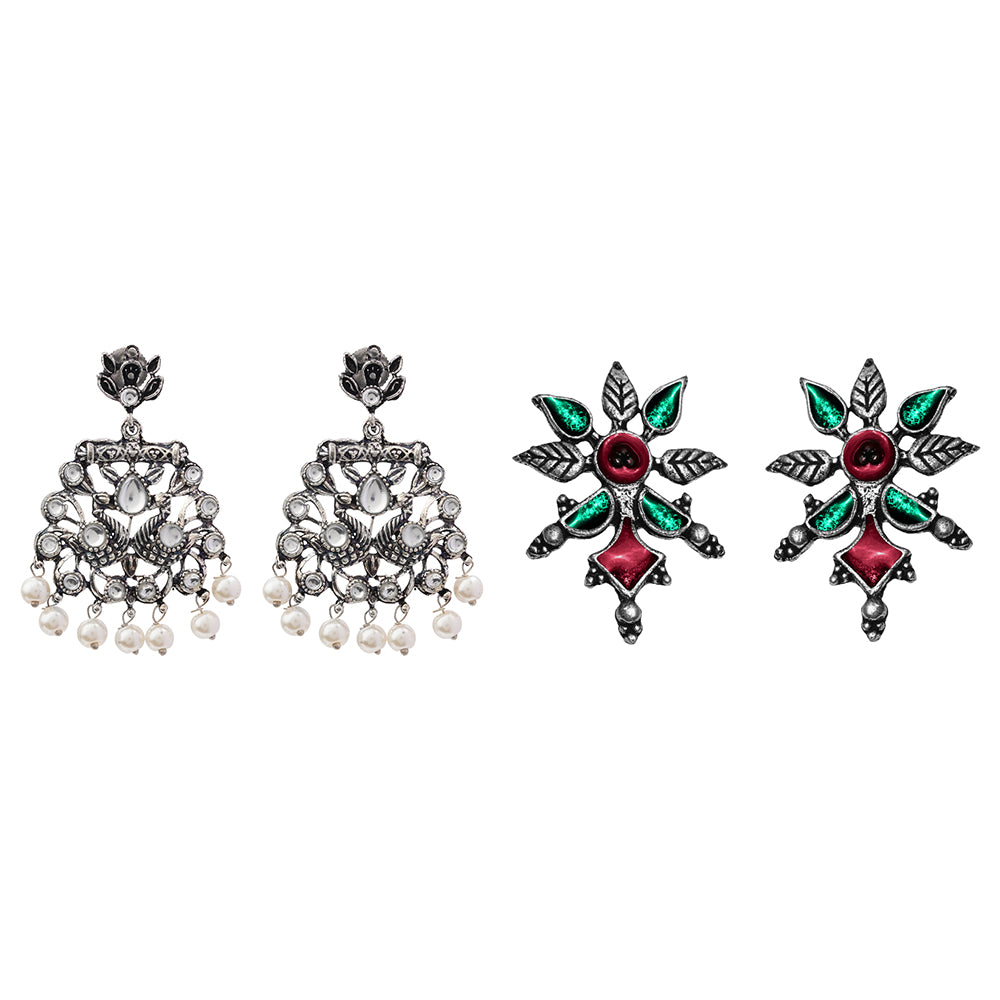 Peacock glow stone studded dangler earrings &Royal Meenakari oxidized stud esrrings Combo set for Women and Girl