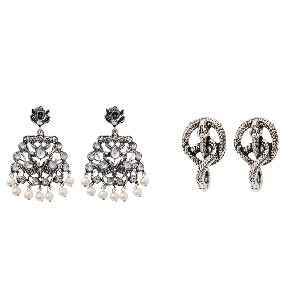 Peacock glow stone studded dangler earrings &Swirly snake oxidised stud earrings Combo set for Women and Girl