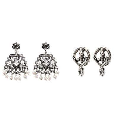 Peacock glow stone studded dangler earrings &Swirly snake oxidised stud earrings Combo set for Women and Girl
