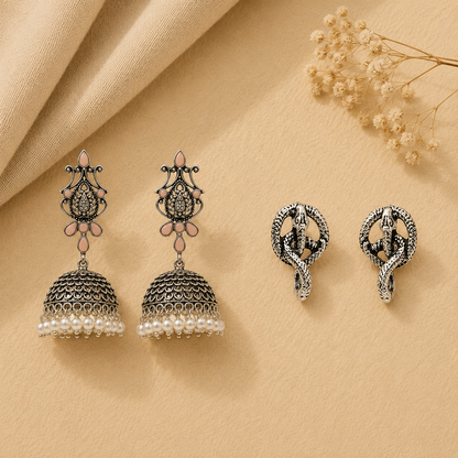 Kalash Kamal earring  Swirly snake oxidised stud earrings (Silver) Combo set