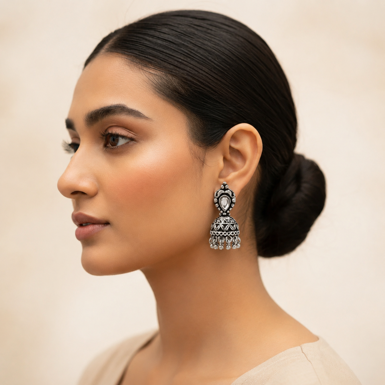 Jharokha stone studded jhumki earring (White)