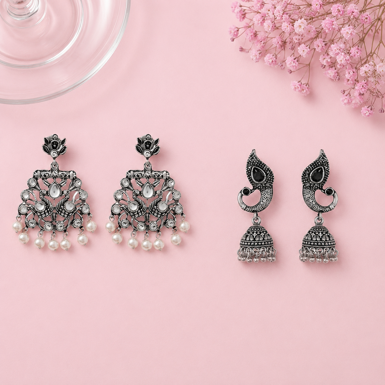 Peacock glow stone studded dangler & Paisley Swirl Ghungroo jhumki Combo set