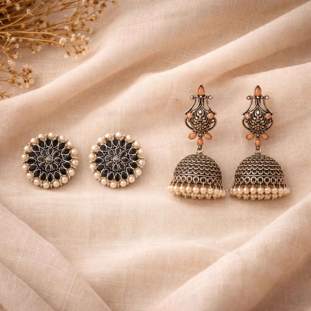 Carved Charm Dangler earrings &  Kalash Kamal Jhumka earring (Light Orange) Combo set