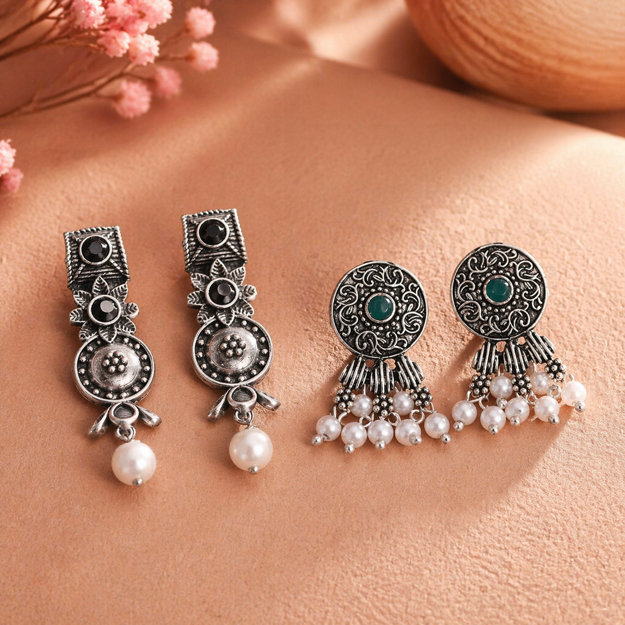 Wonderful wildflower oxidised stud earrings (Black)&Button rays stud earring (Green) Combo set