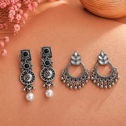 Wonderful wildflower oxidised stud earrings (Black)&Fine Shine stud earrings (White) Combo set