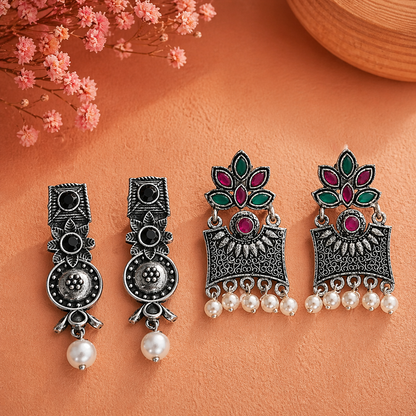 Wonderful wildflower oxidised stud earrings (Black)&Flora-Aura stone studded dangler earrings (Multicolored) Combo set
