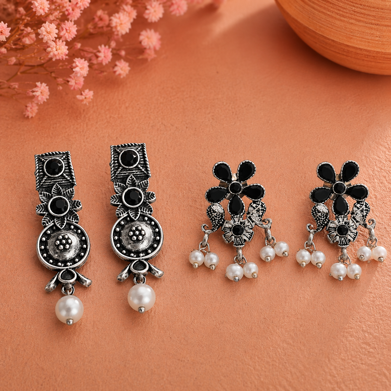 Wonderful wildflower oxidised stud earrings (Black)&Floral Drop stud earrings (Black) Combo set