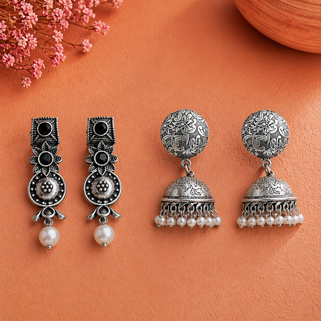 Wonderful wildflower oxidised stud earrings (Black)&Rajwada Traditional Jhumka earrin (Silver) Combo set