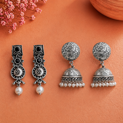 Wonderful wildflower oxidised stud earrings (Black)&Rajwada Traditional Jhumka earrin (Silver) Combo set