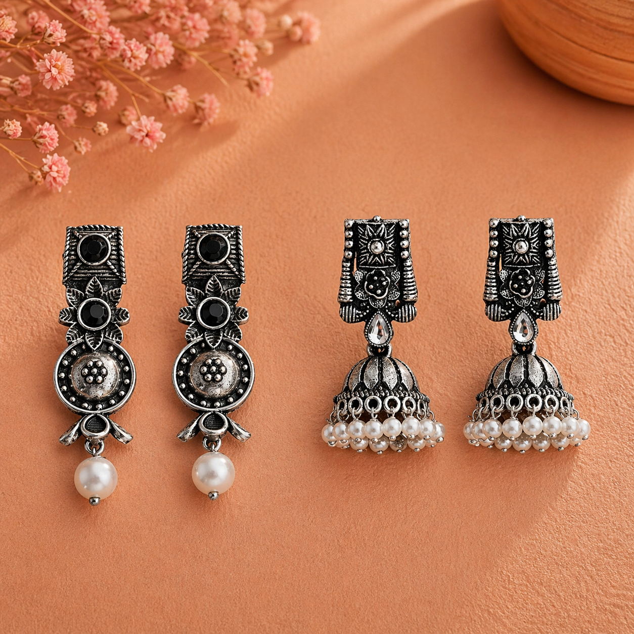 Wonderful wildflower oxidised stud earrings (Black)&Temple bells jhumki earrings (White) Combo set