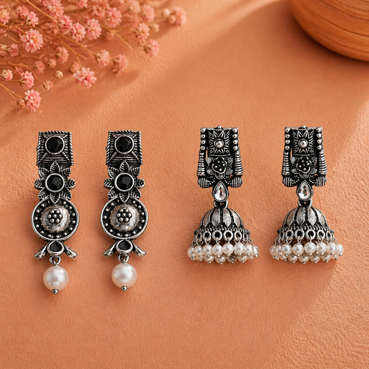 Wonderful wildflower oxidised stud earrings (Black)&Temple bells jhumki earrings (White) Combo set