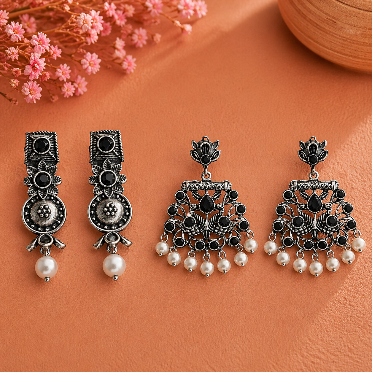 Wonderful wildflower oxidised stud earrings (Black)&Peacock glow stone studded dangler earrings (Black) Combo set