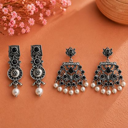 Wonderful wildflower oxidised stud earrings (Black)&Peacock glow stone studded dangler earrings (Black) Combo set