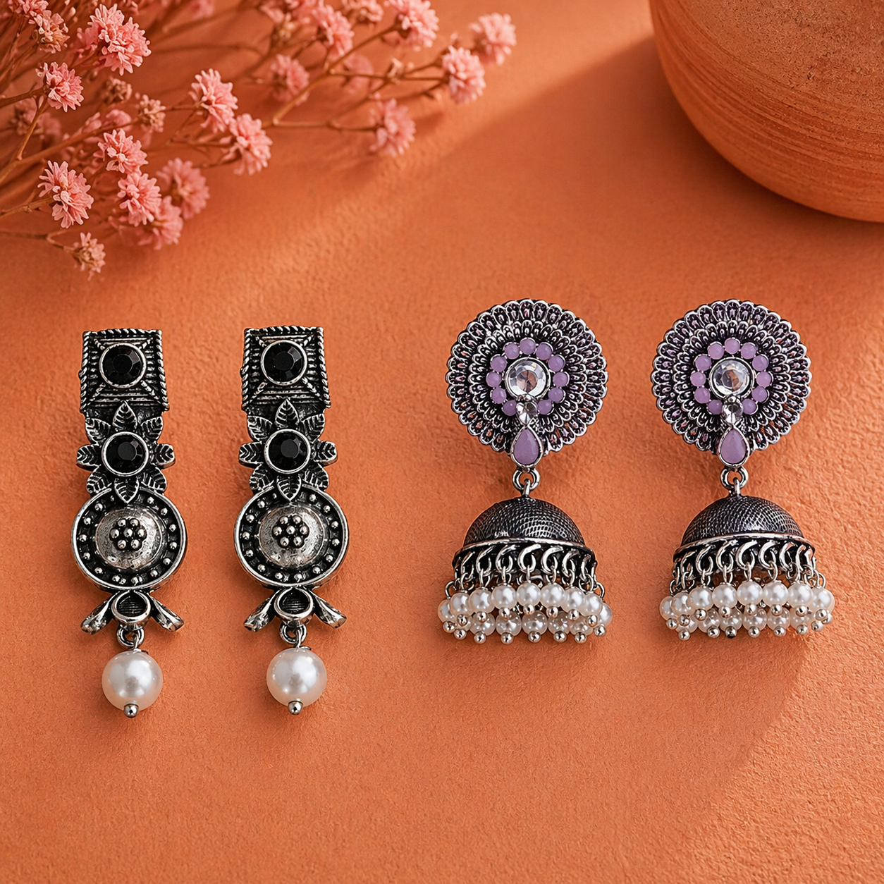 Wonderful wildflower oxidised stud earrings (Black)&Evergreen jhumka earrings (Baby Pink) Combo set