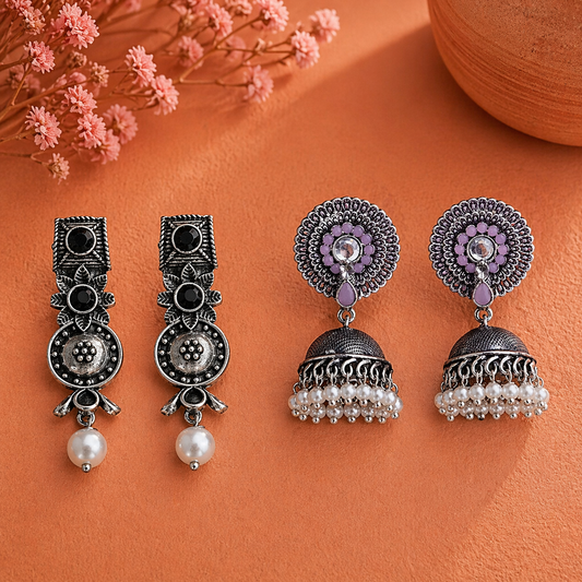Wonderful wildflower oxidised stud earrings (Black)&Evergreen jhumka earrings (Baby Pink) Combo set