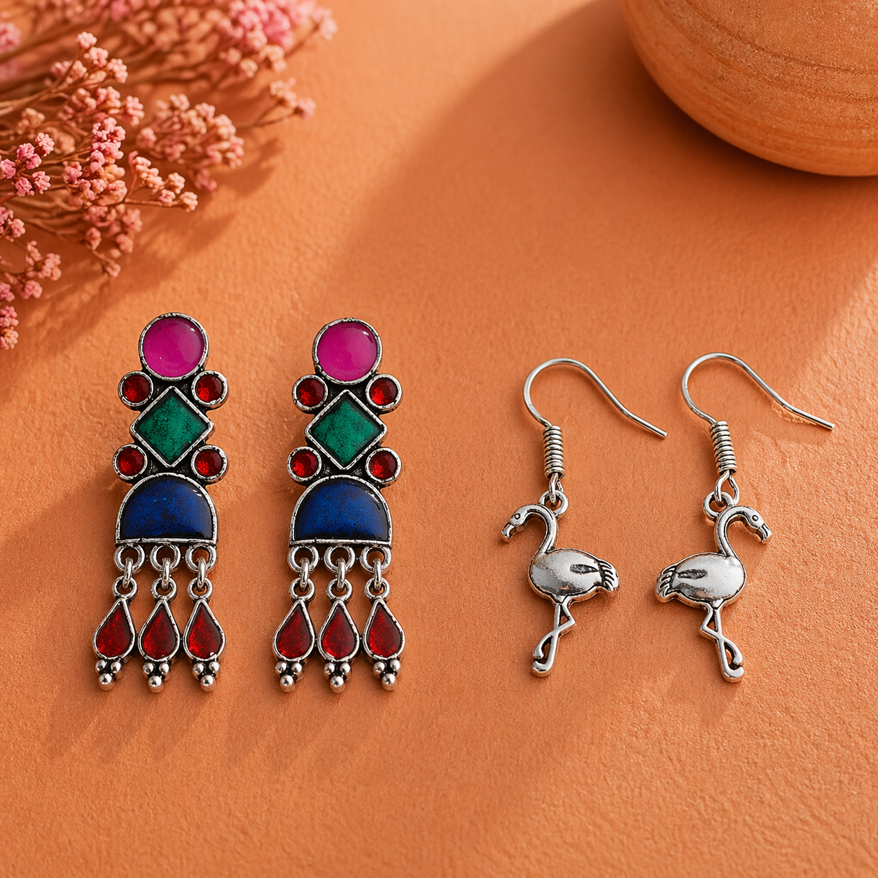 Rainbow rhine dangler earrings (Multicolored)&Tropical Elegance dangler earrings (Silver) Combo set