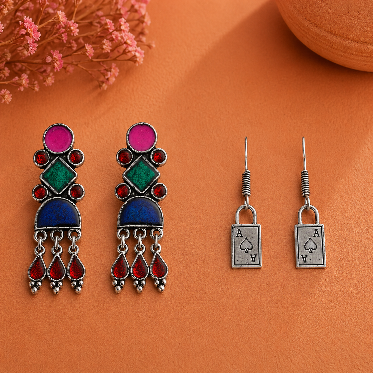 Rainbow rhine dangler earrings (Multicolored)&The Vault dangler earrings (Silver) Combo set