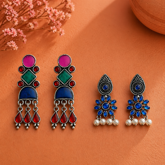 Rainbow rhine dangler earrings (Multicolored)&Drew flower pearl stud earrings (Blue) Combo set