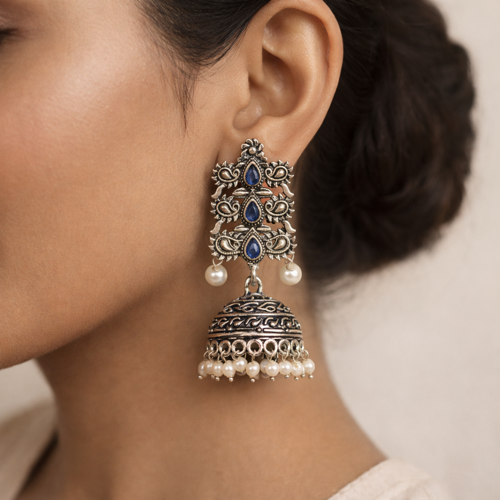 Sitara stone studded jhumki earrings (Blue)