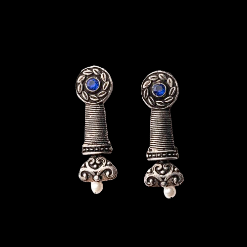 Blue Stone Studded Delicate Oxidised Earrings With Hanging Pearl