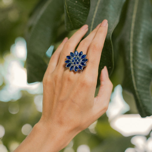 Blue Stone Studded German Silver Adjustable Ring