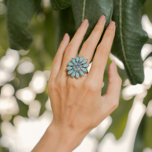 Mint Stone Studded German Silver Adjustable Ring