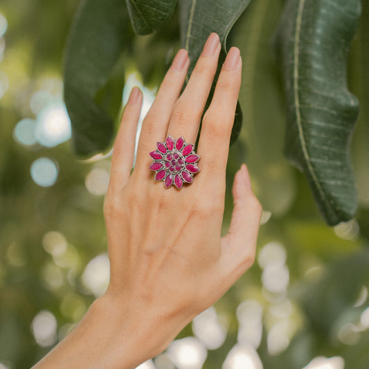 Floral radiance stone studded oxidized rings (Red)