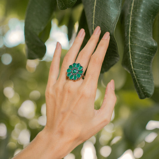 Green Stone Studded German Silver Adjustable Ring