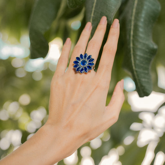 Blue Stone Studded German Silver Adjustable Ring