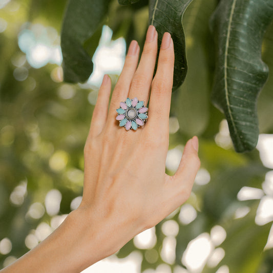 Multicolor Stone Studded German Silver Adjustable Ring