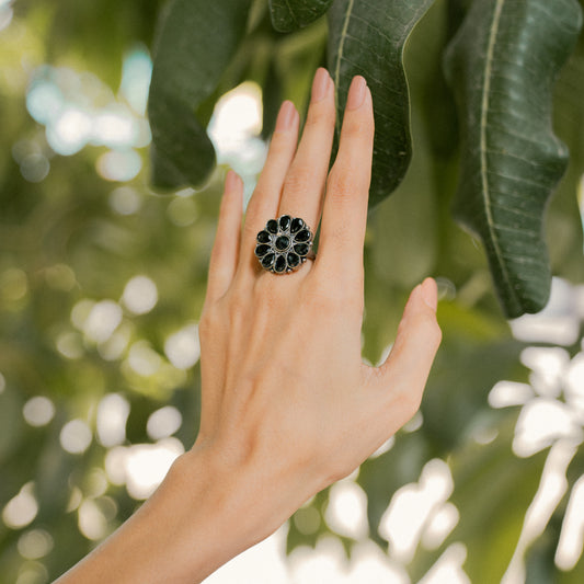 Black Stone Studded German Silver Adjustable Ring