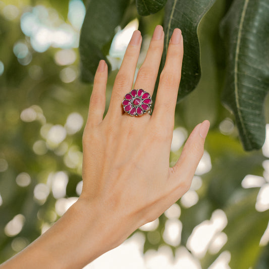 Red Stone Studded German Silver Adjustable Ring