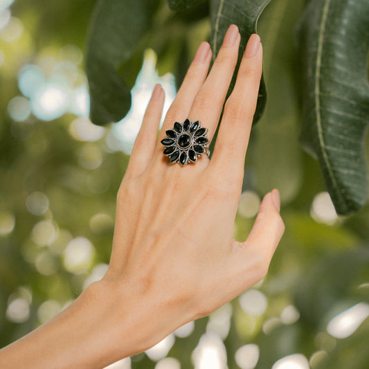 Black Stone Studded German Silver Adjustable Ring