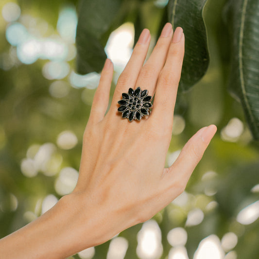 Black Stone Studded German Silver Adjustable Ring