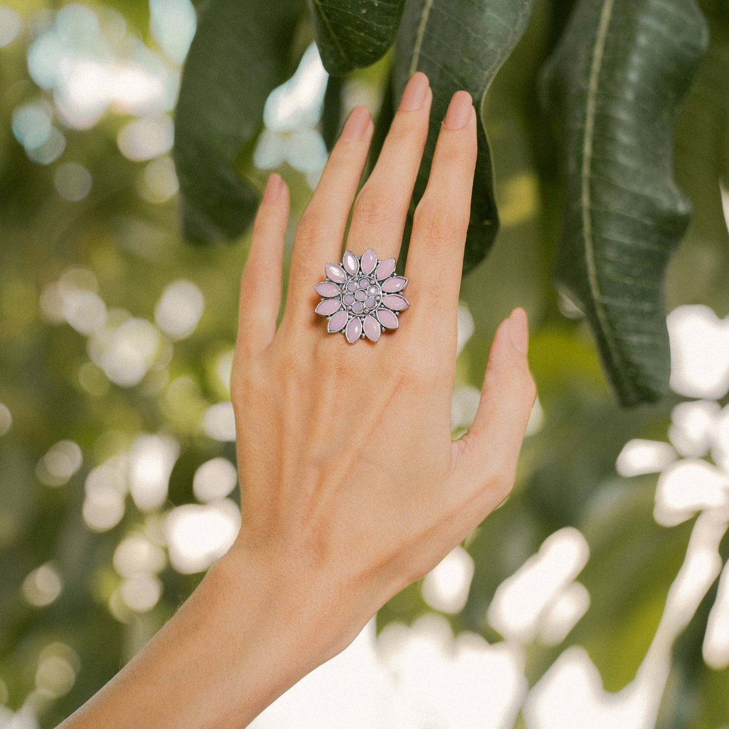 Baby Pink Stone Studded German Silver Adjustable Ring