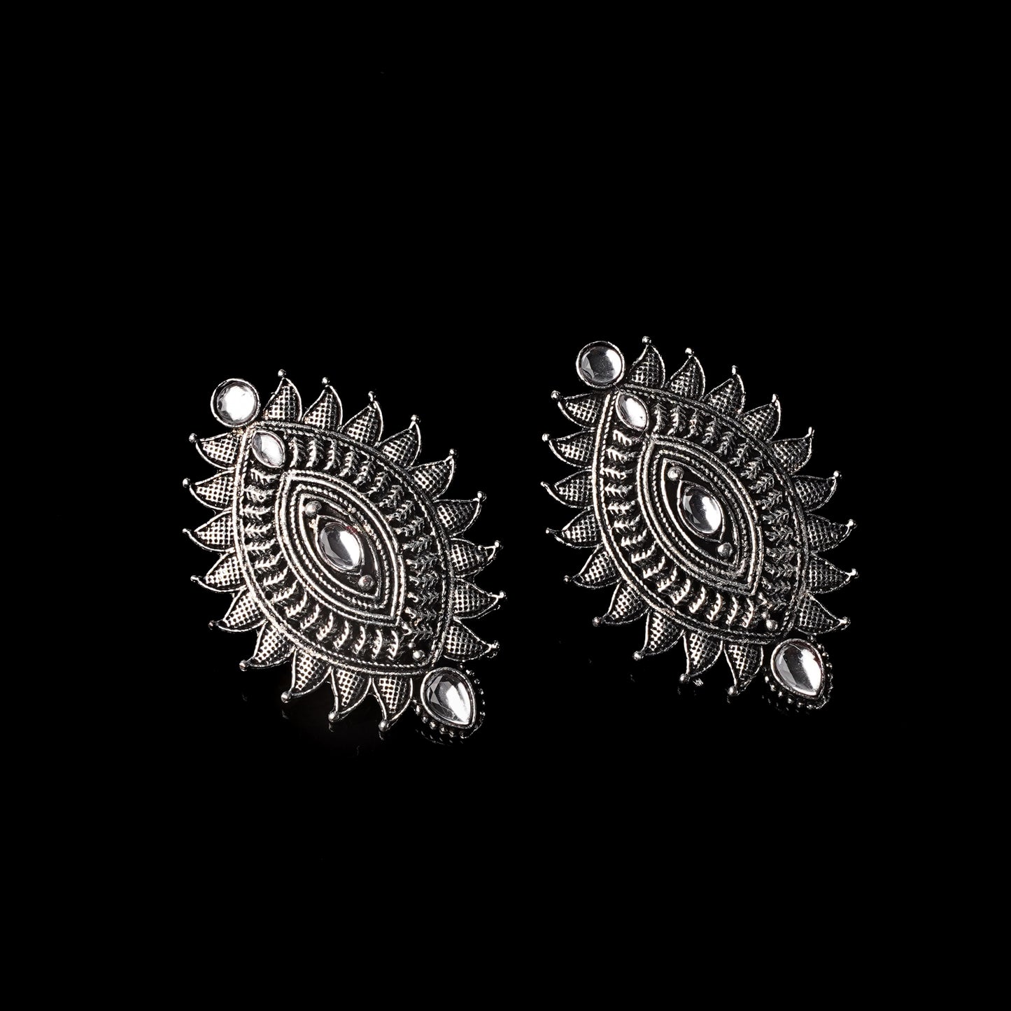 White Stone Studded Oval Shaped Oxidised Earrings